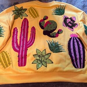 QUEEN OF SPARKLES Vibrant Yellow Sweater with Cactus Motifs. Never worn